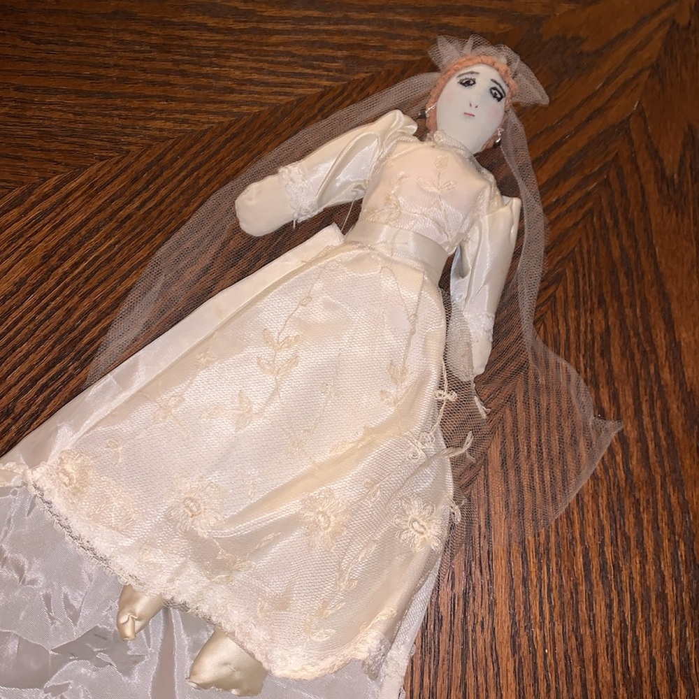 Antique Vintage 11” Handmade Bride Stuffed Doll Toy Lace